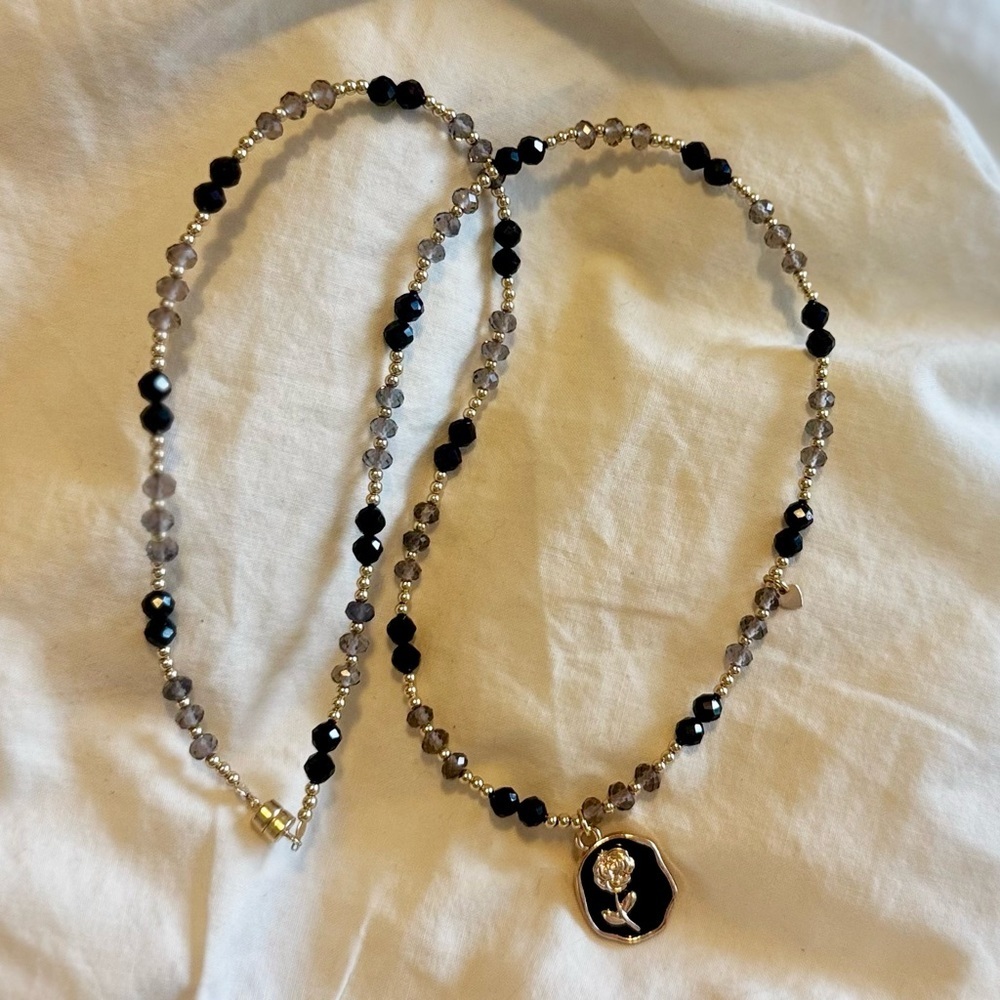 Dainty Semi Precious Quartz & Black Spinel Necklace w/ Gold Filled Beads - Picture 2 of 2